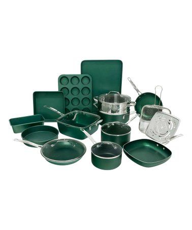 Emerald Green Non-Stick 20-Piece Cookware & Bakeware Set #zulily #zulilyfinds Green Kitchen Utensils, Induction Oven, Kitchen Cookware Sets, Pots And Pans Sets, Cooking Set, Nonstick Cookware, Bakeware Set, Baking Set, Stock Pot