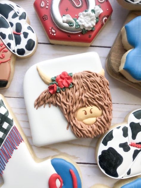 Highland Cow Sugar Cookies, Hyland Cow Cookies, Highland Cow Cookies Royal Icing, Goat Cookies Royal Icing, Goat Decorated Cookies, Highland Cow Cookies, Highland Cow Cookies Baby Shower Boy, Cow Sugar Cookies, Brown Cow Cookies Decorated