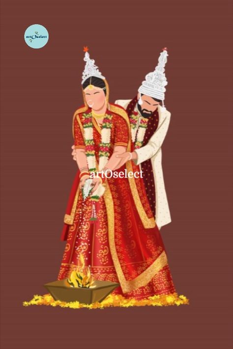 wedding invite art Bengali Bride Illustration, Bengali Wedding Painting, Bengali Wedding Illustration, Bengali Wedding Couple, Ritual Illustration, Bangla Art, Bengali Aesthetic, Digital Invitations Design, Facial Routine