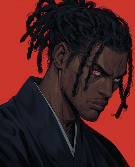 Black Guy With Dreads Art, Dreadlocks Aesthetic Faceless, Dreadlock Drawing, Black Samurai Art, Black Dnd Characters, Black Elf, Afrofuturism Art, Black Anime Guy, African Artwork