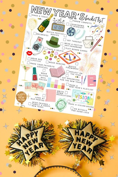 Printable New Year's Bucket List Watch Fireworks, Bucket List Items, Make A Vision Board, Good Luck Wishes, January Bullet Journal, New Years Activities, Winter Bucket List, Making A Vision Board, Diy Journal Books