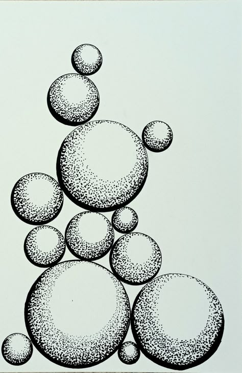 Black stippled circles shaded with stippling creating Spheres balanced on one another Easy Stippling Drawing, Dot Drawing Simple Easy, Stippling Art Flowers, Black And White Pointillism, Simple Pointilism Art, Stipple Art Easy, Stipling Drawings Easy, Stipling Ideas Easy, Stippling Art Ideas Easy