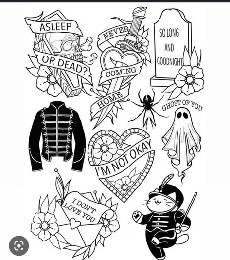 Romance Tattoo Ideas, Music Flash Tattoos, Traditional Tattoo Music, My Chemical Romance Tattoo, Romance Tattoo, Emo Tattoos, The Black Parade, Lyric Tattoos, Flash Tattoo Designs