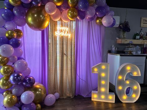 Purple
Party
Birthday party
Balloon Arch
Light up sign
Photo background 
Selfie wall Purple And Yellow Sweet 16, Sweet 16 Purple And Gold Theme, Purple Gold Sweet 16, Tangled Themed Sweet 16 Decorations, Sweet 16 Party Ideas Purple And Gold, Purple And Gold Sweet 16, Purple And Gold Birthday Party, Purple And Gold Party Decorations, Outdoor Sweet 16