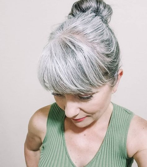 Bangs With Gray Hair, Grey Hair And Bangs, Medium Silver Hairstyles, Thick Gray Hairstyles, Gray Hair Curtain Bangs, Gray Hair Bobs With Bangs, Gray Hair With Curtain Bangs, Grey Hair Curtain Bangs, Grey Hair With Fringe