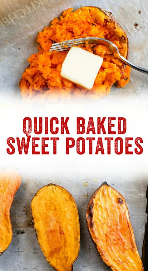 Here's how to make a perfectly baked sweet potato -- fast! This trick cuts down the baking time: it's a total game changer. #sweetpotato #baked #healthy #mealprep Quick Baked Sweet Potato, Baked Sweet Potato Oven, Metabolic Eating, Mexican Sweet Potatoes, Sweet Potato Oven, Cheese Sauce For Broccoli, Crispy Sweet Potato Fries, Sweet Potato Recipes Baked, A Couple Cooks