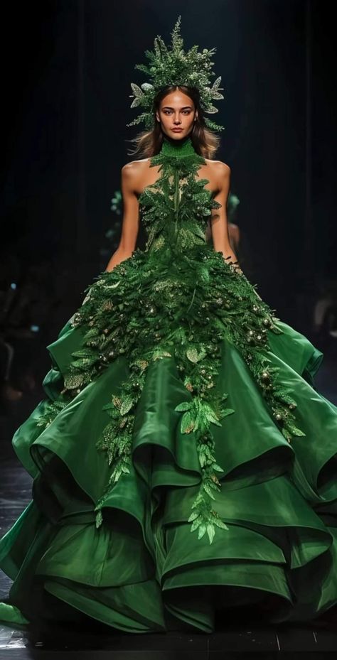 Nature Dress Aesthetic, Green Goddess Outfit, Green Goddess Costume, Enchanted Forest Theme Dress, Mother Earth Costume, Enchanted Decor, Plant Dress, Flower Outfits, Fantasy Jungle