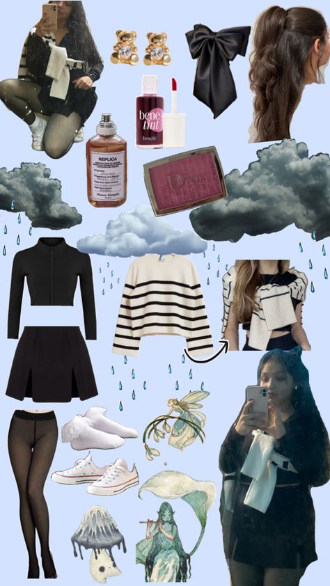 black top, black skirt, striped sweater, black hair bow, fleece lined leggings, frilly socks, converse, gold earrings, replica perfume, dior blush, benetint Cloudy Day Outfit, Cloudy Day Outfits, Cloudy Day, Day Outfit, Oregon Coast, Rainy Day, Outfit Of The Day, Oregon, Cute Outfits