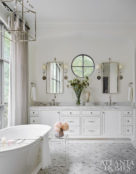 Architect Amanda Orr and designer Lanier Gupton craft a feminine retreat in an Athens, Georgia primary bathroom. Mirror And Sconces, Bathroom Retreat, Southern Design, Pretty Bathrooms, Primary Bathroom, Athens Georgia, Building Company, Space Room, Atlanta Homes