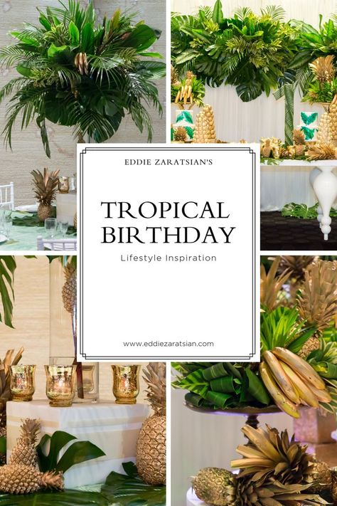 This birthday party embraced tropical greenery and pineapples throughout every aspect. The accent and tablescapes were painted in gold for a bold and bright, contrasting look throughout the space. The tropical atmosphere continued with golden bananas and candle votives. One of our favorite pieces of this design was the eye-catching greenery backdrop that floated above the cake table. #pineappleparty #tropicalpartydecor #eddiezaratsian 40th Tropical Birthday Ideas, Tropical Greenery Backdrop, Tropical Birthday Backdrop, Tropical Glam Decor Party, Classy Tropical Party Decor, Tropical Glam Decor, Tropical Party Backdrop, Tropical Party Foods, Tropical Dinner