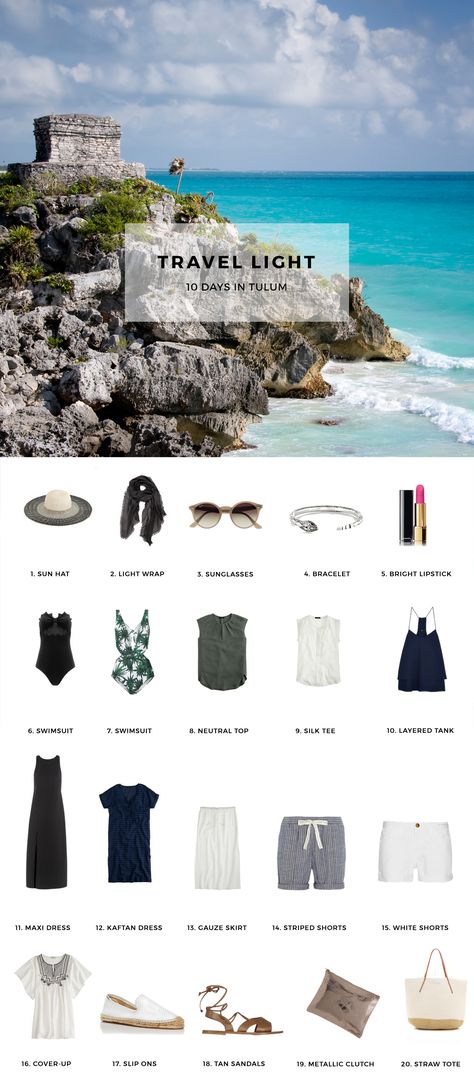 Beach Capsule Wardrobe, Travel Light Packing, Travel Packing Outfits, Beach Vacation Packing, Travel Capsule, Travel Outfit Summer, Vacation Packing, Mexico Vacation, Tulum Mexico