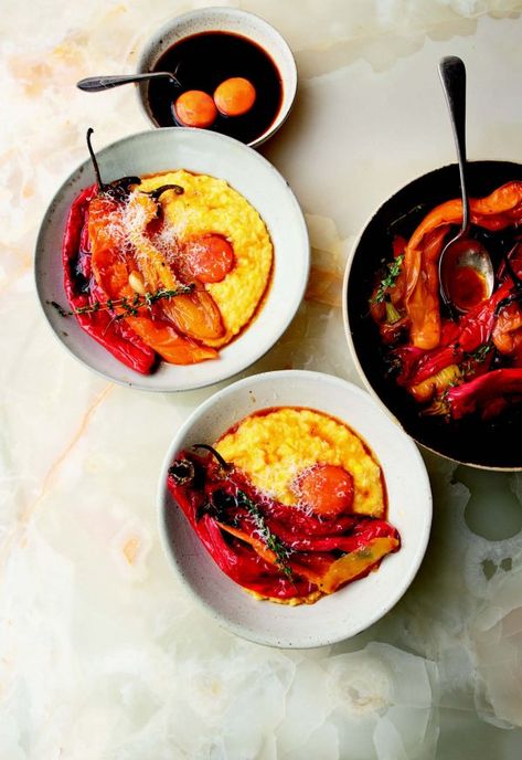 Charred Peppers and Fresh Corn Polenta with Soy-Cured Yolk | Guest Recipes | Nigella's Recipes | Nigella Lawson Polenta Bowl Dinners, Polenta With Sausage And Peppers, Ratatouille With Polenta, Polenta Stuffed Peppers, Sweet Corn Polenta, Instant Polenta, Yotam Ottolenghi, Carrot Salad, Nigella Lawson