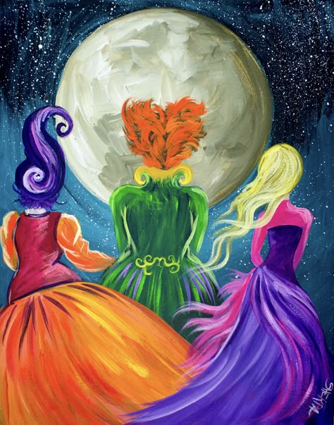 Beginners learn to paint full acrylic art lesson of the Sanderson Sisters from Hocus Pocus. this is a Great Wicked witches painting with a ton of sass. LIVE acrylic painting tutorial for new painters  This is a super simple fun halloween Project Halloween Canvas Paintings, Halloween Cake, Halloween Painting, Canvas Painting Diy, Simple Acrylic Paintings, Autumn Painting, Paint And Sip, Night Painting, Beginner Painting