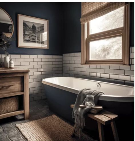 Blue Industrial Bathroom, Dark Blue Tiled Bathroom, Dark Blue Master Bath, Bathroom Ideas Dark Blue, Farmhouse Bathroom Blue, Blue And Wood Bathroom, Guys Bathroom Ideas, Moody Blue Bathroom, Concrete Bathroom Ideas