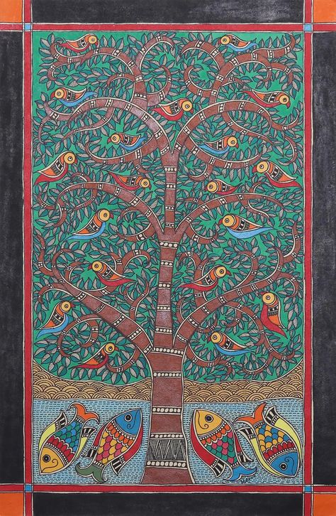 Nature-Themed Madhubani Painting from India - Tree of Life | NOVICA Madhubani Paintings Peacock, Painting Madhubani, Tree Of Life Painting, Indian Arts And Crafts, Easy Wedding, Kalamkari Painting, Tree Of Life Art, Pichwai Paintings, Painting Nature