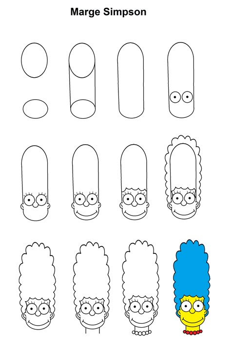 Marge Simpson step-by-step tutorial. Drawing Ideas Easy For Teens, Geisha Drawing, Easy Pencil Drawings, Doodle Art For Beginners, Simpsons Drawings, Pencil Sketch Drawing, Easy Cartoon Drawings, Marge Simpson, Easy Drawing Tutorial