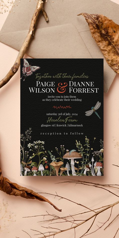 Dark Forest Wedding Invitations, Dark Fantasy Wedding Invitations, Mushroom Wedding Invitation, Nature Themed Wedding Invitations, Witchy Wedding Invitations, Whimsical Save The Date, Fairy Wedding Invitations, Dark Cottagecore Wedding, Cottagecore Invitation