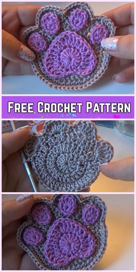 Crochet Paw Print Applique Free Pattern-Video Crochet Paw Print, Paw Crochet, Bookmarks Diy, Beau Crochet, Crochet Embellishments, Handmade Bookmarks, Confection Au Crochet, Crochet Coaster Pattern, Crochet Simple