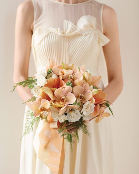 Bridal Bouquet Peach, Orchid Bouquet Wedding, Peach Bouquet, Wedding Color Combinations, Orchid Bouquet, Ribbon Bouquet, Orchid Wedding, Weddings By Color, Cream Wedding