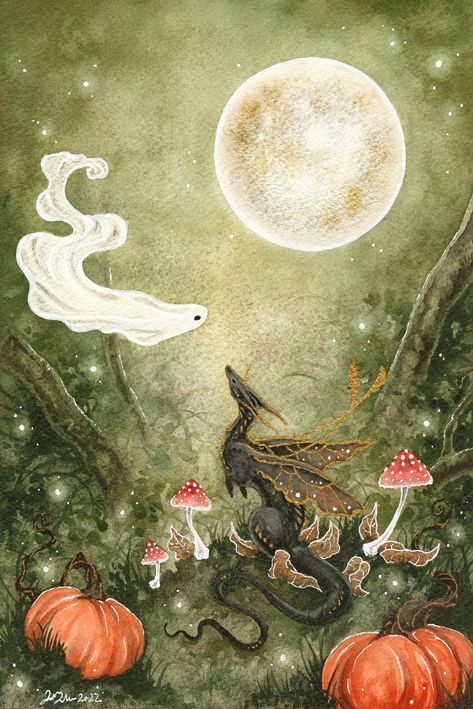 ~Ghosty Meets a Dragon~ A spooky, whimsical and cute painting of a little ghost meeting his first dragon. ::Please note that the dimensions given are the sizes of the paper, the actual image will be a bit smaller with a white border for framing. Also the colors may vary slightly from what you see on your monitor:: This is a fine art print of my original watercolor painting, "Ghosty Meets a Dragon". The hand embellished option means I will embellish your print with the beautiful metallic paint that I used in the original painting. The print shown is an example of the 8.5x11 inch size. If you're looking for a custom mat that will perfectly fit your new print for framing, I highly recommend checking out Matboard Shop here on Etsy. Here is the link: https://www.etsy.com/shop/MatboardShop?ref=s Dragon Fantasy Art, Cute Painting, Storybook Art, Woodland Art, Hieronymus Bosch, Little Ghost, Dragon Illustration, Cute Paintings, Halloween Illustration