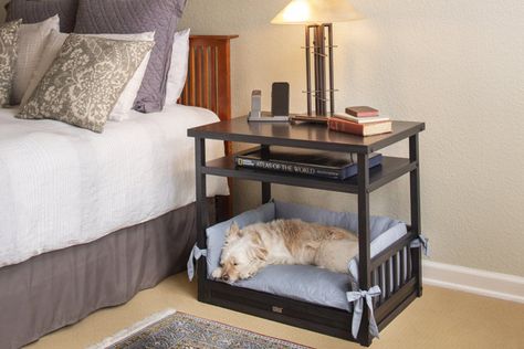 Dog Bed Nightstand, Bed End Table, Pet Gate With Door, Master's Bedroom, Pets Furniture, Stylish Dog Beds, Tabletop Shelf, Elevated Dog Bed, Bed Nightstand