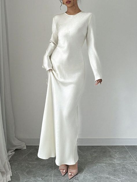 Elegant Spring & Autumn Round Neck Fish-Tail Long Dress Champagne Elegant  Long Sleeve Woven Fabric Plain Fitted Non-Stretch  Women Clothing, size features are:Bust: ,Length: ,Sleeve Length: White Dress Outfit Classy, Temple Dress, 70 Dress, Elegant Dresses Long, Elegant Dress, Maternity Bag, Hijab Fashion, Dress P, Summer Women