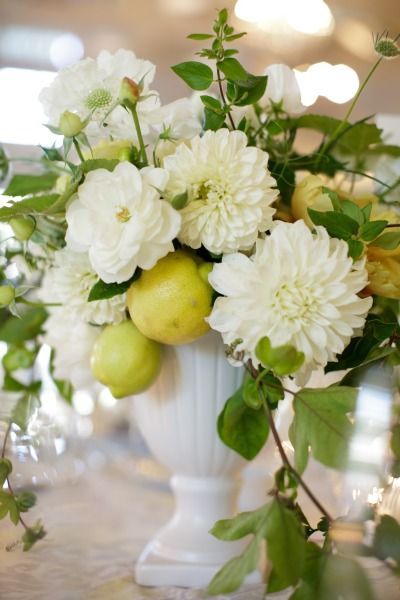 Centerpiece with pops of yellow: http://www.stylemepretty.com/2014/09/19/solage-calistoga-wedding-awash-with-yellow/ | Photography: Weddings by Sasha - http://weddingsbysasha.com/ Lemon Centerpieces, Lemon Flower, Kitchen Table Centerpiece, Lemon Flowers, Yellow Wedding, Deco Floral, Arte Floral, Floral Centerpieces, Flower Centerpieces