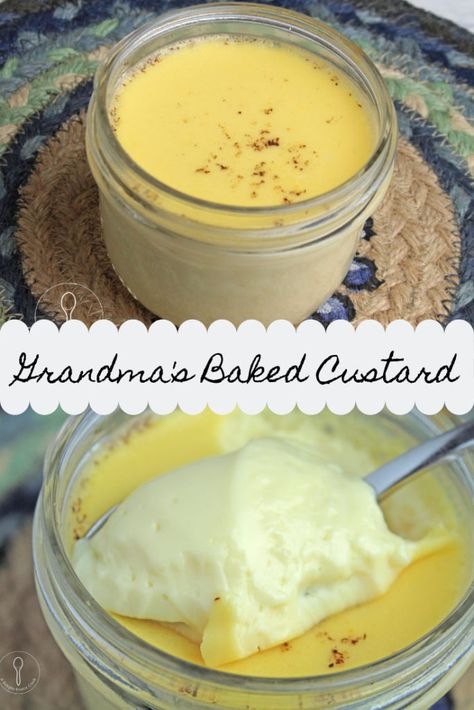 Grandma’s Baked Custard Grandmas Baked Custard, Baked Vanilla Custard Recipe, Egg Custard Pudding Recipe, How To Make Egg Custard, Best Vanilla Custard Recipe, Whole Egg Custard, Baked Egg Custard Recipe, Baked Custard Recipe Simple, Smooth Food Recipes