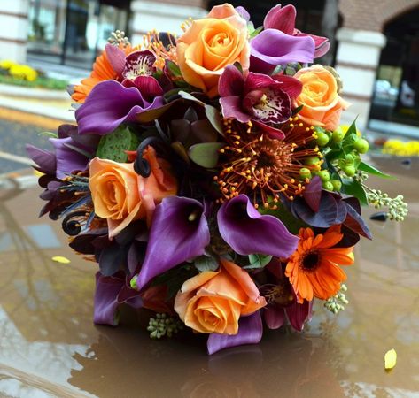 Our bouquet made into Flower Shop Networks Blog this week ~ Beautiful bouquet by Monday Morning Flowers, Princeton NJ Fall Bridal Bouquet October, Wedding Bouquets Purple, Fall Flower Centerpieces, Purple Autumn, Orange Lilies, Bridal Bouquet Fall, Autumn Orange, Gladioli, Purple Bouquet