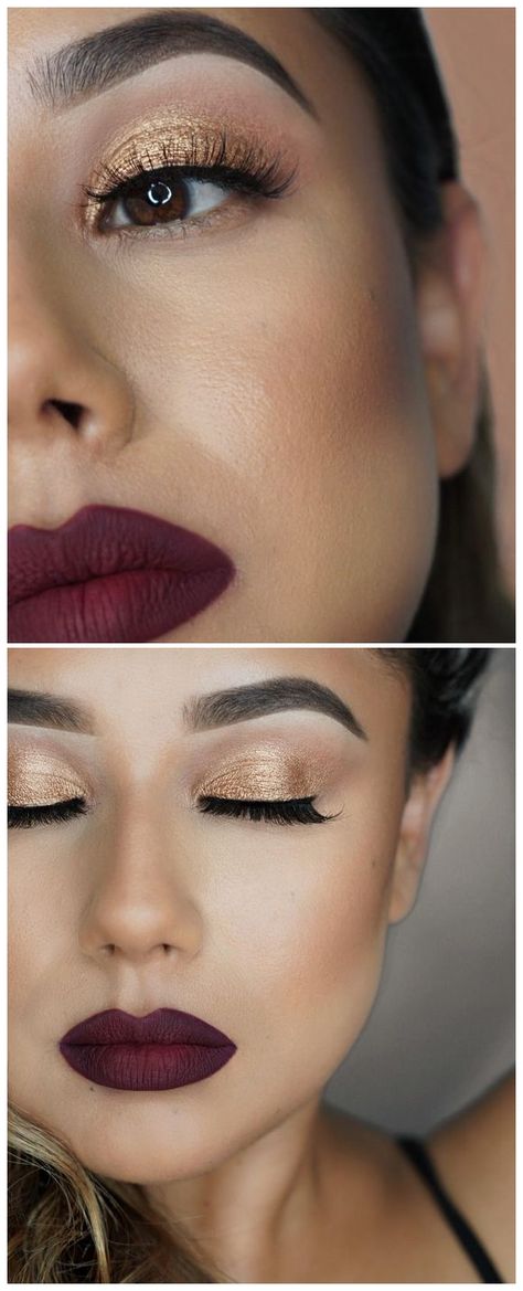 shimmery gold lip & deep matte berry lip | makeup @glamtrashmakeup | 2nd photo: https://www.instagram.com/p/BZMUvdpl_LZ/?taken-by=glamtrashmakeup Berry Lips Makeup, Hair Color For Brown Eyes, Lips Inspiration, Wedding Makeup Tutorial, Trendy Eyeshadow, Wedding Makeup For Brown Eyes, Wedding Makeup Tips, Berry Lips, Gold Lips