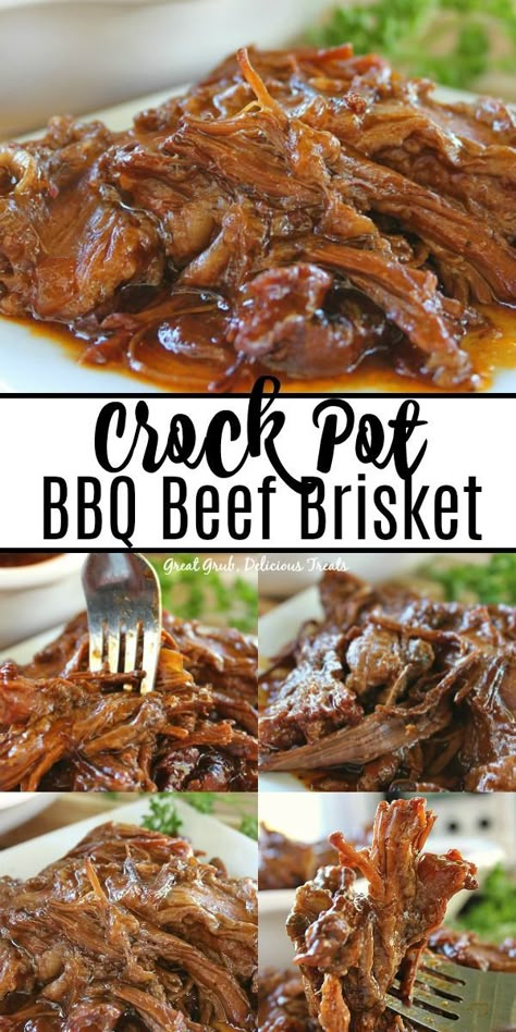 Crock Pot BBQ Beef Brisket is pan seared to start, then cooked in the crock pot smothered in barbecue sauce and cooked until tender and delicious. #crockpotideas #delicious #beef #brisket #greatgrubdelicioustreats Potroast Crockpot Bbq, Slowcooker Brisket Crock Pot, Beef Brisket Flat Recipes Crockpot, Easy Beef Brisket Recipes Crockpot, Cookout Meal Ideas, How To Cook Brisket In Crock Pot, Bbq Brisket Crock Pot, Slow Cooker Beef Brisket Recipes, Brisket Crock Pot Recipes