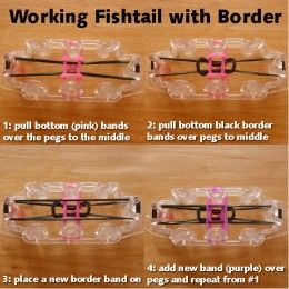 Basic working guide for making fishtail monster tail bracelet with border & other fishtail variations with picture tutorial. Monster Tail Bracelets, Monster Tail Loom, Rainbow Loom Fishtail, Loom Tutorials, Loom Bands Tutorial, Monster Tail, Loom Band Patterns, Rainbow Loom Bracelets Easy, Rainbow Loom Tutorials