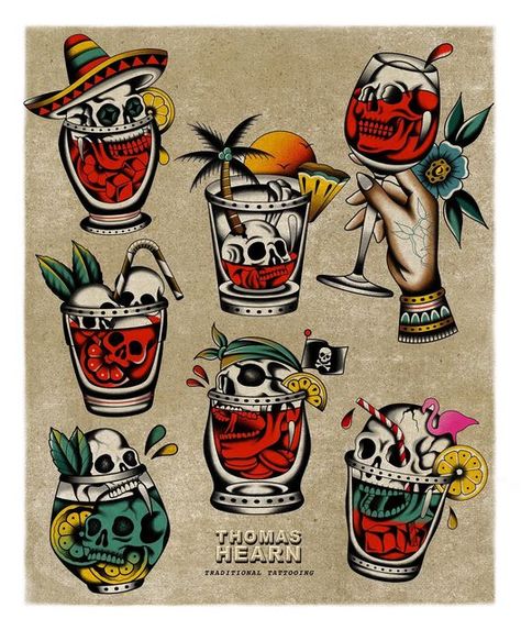 Thomas Hearn on Instagram: "Last orders cocktail club 🍹 These skull cocktails are definitely one my favourite things to tattoo. Thanks to everyone who’s picked up one of these so far. Let me know which is your favourite." Things To Tattoo, Traditional Tattoo Drawings, Beer Tattoos, Traditional Tattoo Old School, Traditional Style Tattoo, Traditional Tattoo Sleeve, Old School Tattoo Designs, Traditional Tattoo Design, Traditional Tattoo Art