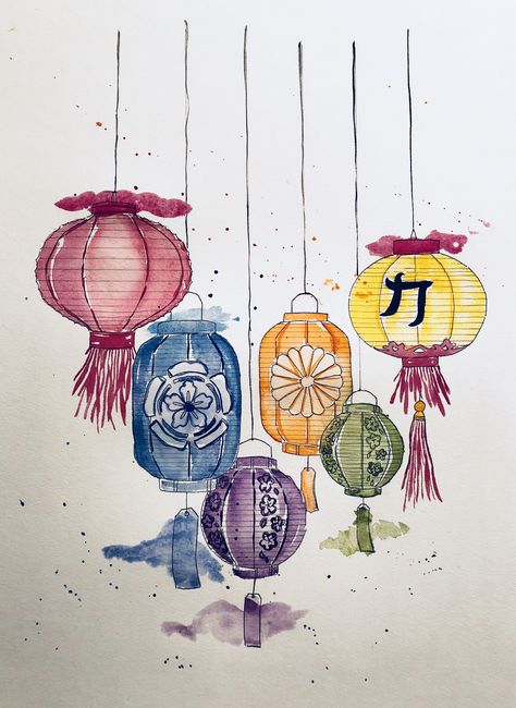 Korean Lantern Drawing, Tanglung Cina Drawing, Asian Painting Ideas On Canvas, Chinese Lantern Watercolor, Chinese Lanterns Painting, Paper Lantern Drawing, Chinese Traditional Drawing, Lantern Painting Ideas, Japanese Lanterns Drawing