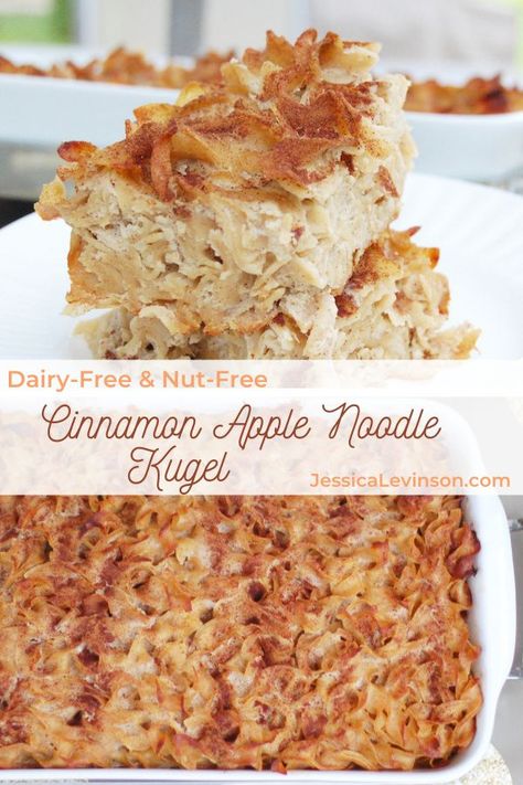 This dairy-free, nut-free cinnamon apple noodle kugel is a sweet and comforting side dish traditionally served on Rosh Hashana and other Jewish holidays. Get the recipe at JessicaLevinson.com | #RoshHashana #JewishFood #noodlekugel Apple Cinnamon Noodle Kugel, Apple Kugel Rosh Hashana, Noodle Kugel Recipe Non Dairy, Side Dishes For Rosh Hashana, Rosh Hashana Kugel, Rosh Hashana Side Dish Recipes, Dairy Free Noodle Kugel, Peach Kugel Recipe, Rosh Hashanah Noodle Kugel