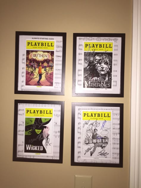 Playbill display- LOVE the idea of matting them over a piece of music from the show! Diy Playbill Display Ideas, Playbill Display Ideas Wall Art, How To Display Playbills, Framed Playbills, Broadway Themed Bedroom Ideas, Displaying Playbills, Playbill Wall, Broadway Themed Bedroom, Playbill Display Ideas