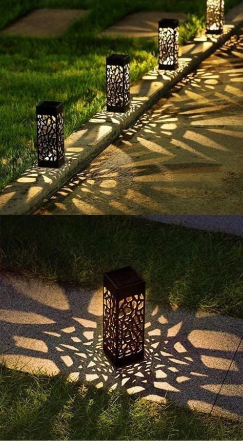 Very pretty lamps ideas Garden Lighting Design, Gate Lights, Solar Lanterns, Outdoor Gardens Design, Solar Lights Garden, Landscape Lighting, Backyard Landscaping Designs, Garden Lighting, Small Garden