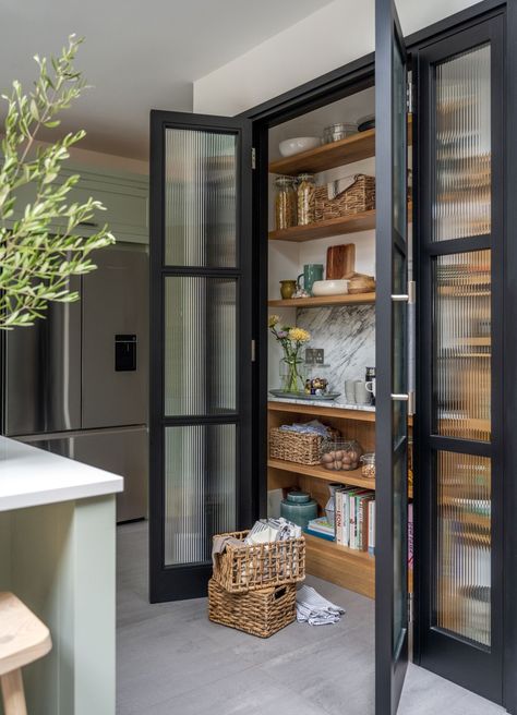 26 Small Pantry Ideas to Maximize Your Kitchen Space Efficiently - placeideal.com Room Kitchen Ideas, Top Kitchen Colors, Small Pantry Ideas, Walk In Pantry Ideas, Exterior Interior Design, Glass Pantry Door, Organizing Solutions, Glass Pantry, Kitchen Larder