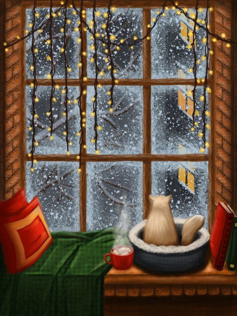 Cat Sitting, Christmas Illustration, Window Sill, The Window, A Cat, Christmas