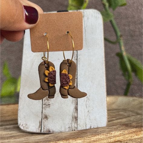 Cowboy Boots With Sunflower Clay Earrings Sunflower Clay Earrings, Cow Tag, Handmade Clay Earrings, Pottery Crafts, Handmade Clay, Polymer Clay Crafts, Earrings Color, Clay Crafts, Clay Jewelry