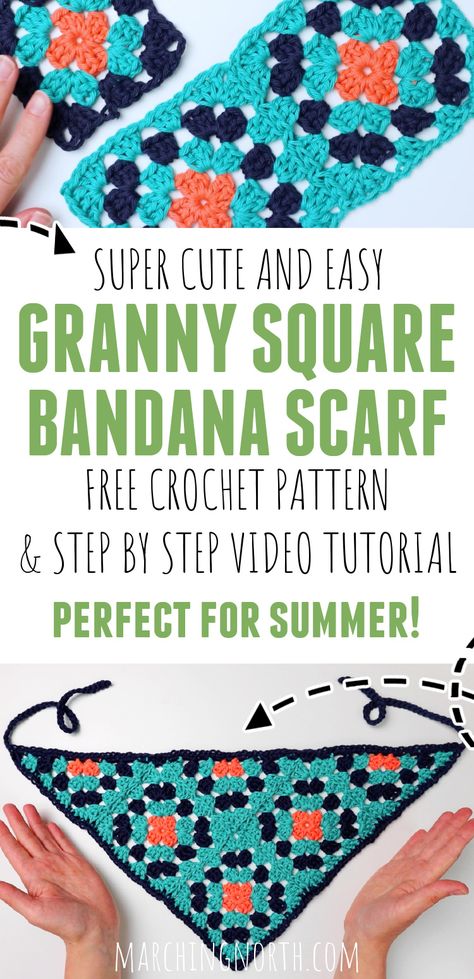 Granny Square Bandana (Free Pattern & Tutorial!) Diy Crochet Bandana, Cottagecore Crochet Projects, Granny Square Headband Pattern Free, Granny Square Dog Bandana, Crochet Granny Square Bandana Pattern Free, Granny Square Head Scarf Pattern Free, Crochet Bandanna Free Pattern, Crochet Bandana Pattern Free Easy, Crochet Granny Bandana