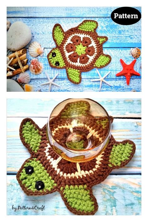 Sea Turtle Coaster Crochet Pattern Sea Turtle Crochet Coasters, Turtle Coaster, Turtle Granny Square Crochet, Easy Coaster Crochet, Crochet Animal Coaster, Crochet Turtle Coaster, Crochet Snail, Crochet Ladybug, Crochet Turtle Pattern