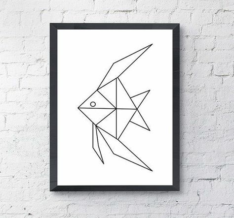 Geometric Fish Drawing, Origami Drawing, Fish Origami, Black And White Home Decor, Black And White Home, Geometric Origami, Poster Black And White, Useful Origami, Tape Art