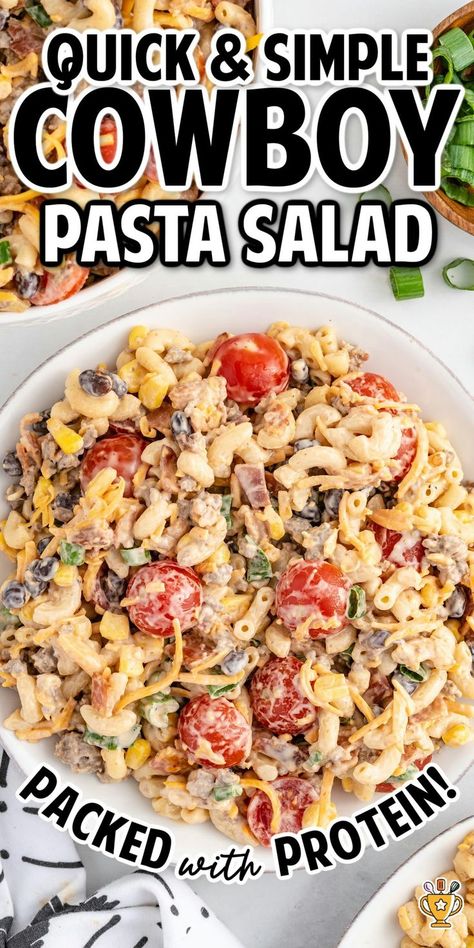 Cowboy Pasta Salad Cowboy Pasta Salad Southern Living, Roast Beef Pasta Salad, Hamburger Pasta Salad, Cold Plate Dinner Ideas, Main Dish Pasta Salad Recipes, Salads For Camping, Cold Main Dishes, Cold Salads For Summer, Cold Potluck Dishes For A Crowd