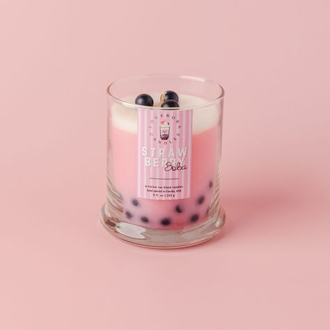 Boba Candle Diy, Strawberry Candles Aesthetic, Bobba Tea Candle, Strawberry Boba, Strawberry Shortcake Candle, Cherry Blossom Candle, Container Candles, Candle Containers, Etsy Candles