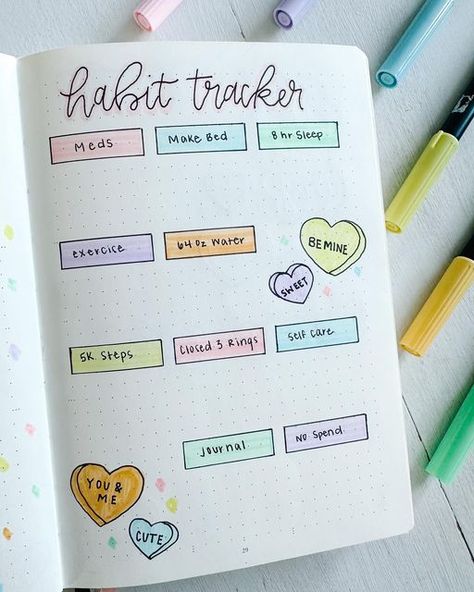 Jaclyn Toms on Instagram: "February Habit Tracker 💗💜💛 💚🧡💙Two weeks into the month, how are you doing on your habits? I love when I can cross each one of them off! Some days I get all of them and some days barely any 😅 Hey its all about balance! Tags 🏷️ #februarybulletjournal #candyhearts #monthlytheme #bulletjournal #planwithme #journaling #bujo #bulletjournaltheme #bulletjournalcommunity #bulletjournalling #monthlyspread #bujospread #2023planner #showmeyourplanner #bujocommunity #bujomo February Bujo Habit Tracker, Habit Tracker February, February Habit Tracker, 2025 Journal, Aesthetics Drawing, February Bullet Journal, Bulletin Journal, Bullet Journal Ideas Templates, Habit Tracker Bullet Journal