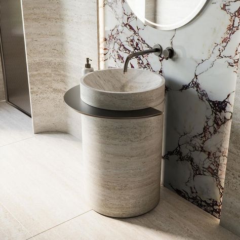 designer_zain | Excited to showcase the stunning combination of Travertine stone and Viola marble in my new hand wash area design! Design and… | Instagram Small Hand Wash Area Design, Modern Bathroom Design Small Master Bath, Hand Wash Area Design, Wash Area Design, Hand Wash Area, Spa Like Master Bath, Marble Interior Design, Commercial Bathroom Designs, Travertine Bathroom