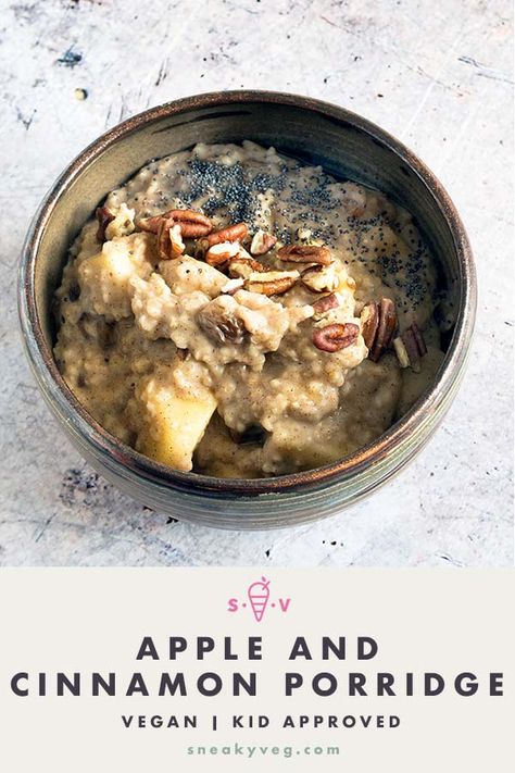 Porridge is always a great way to start the day, whether you’re a baby, child or adult. My apple and cinnamon porridge is packed full of flavour. You can eat it as it is, or jazz it up with some extra toppings - I like pecan nuts and poppyseeds. My version is suitable for vegans, but you can use the milk of your choice. #vegan #veganbreakfast #appleporridge #porridge #oatmeal #veganporridge #babyledweaning #babyfood #weaning Cinnamon Porridge, Winter Vegetarian Recipes, Hidden Vegetable Recipes, How To Make Porridge, Autumn Recipes Vegetarian, Vegetarian Kids, Plant Based Recipes Breakfast, Apple And Cinnamon, Vegan Breakfasts