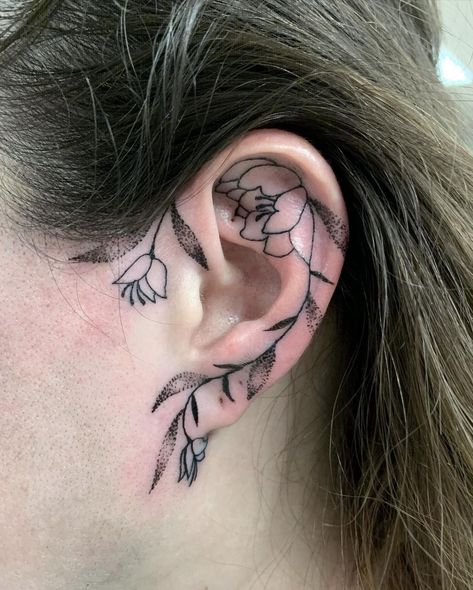 Plant Ear Tattoo, Side Ear Tattoo Women, Ear Tattoo Floral, Behind The Ear Tattoo Ideas Flower, Front Ear Tattoo, Tattoo Appointment Outfit, Floral Ear Tattoo, Ear Tattoo Flower, Flower Ear Tattoo