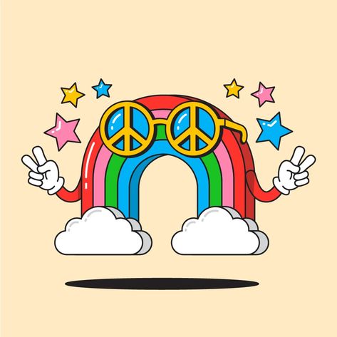 Rainbow Illustration Design, Hippy Clipart, Rainbow Vector, 60s Cartoons, Love Is Love Illustration Pride, Radiate Positive Vibes, Peace Sign Art Hippie Flower Power, Love Rainbow, Rainbow Design